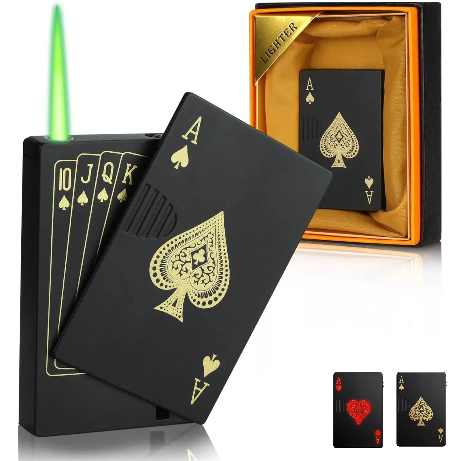 Jet Torch Lighter Green Flame Ace of Spades Poker Card Refillable Butane Windproof Metal Lighter, Cool Novelty Gift Lighter for Men (Butane Gas Not Included)