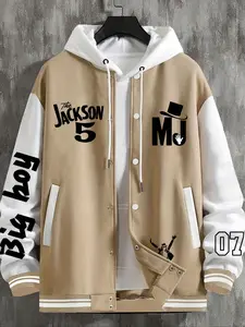 Men's Casual Graphic Letter Print Baseball Jacket, Long Sleeve, Jackson-5 Design, Geometric Pattern, Fitted Style, All Seasons Wear, Versatile Outerwear