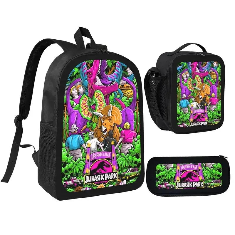 Jurassic Park 3-in-1 Backpack Set: A casual dinosaur-themed backpack set that includes a cartoon lunch bag and pencil case. Made of durable 600D Oxford cloth, perfect for everyday school use.