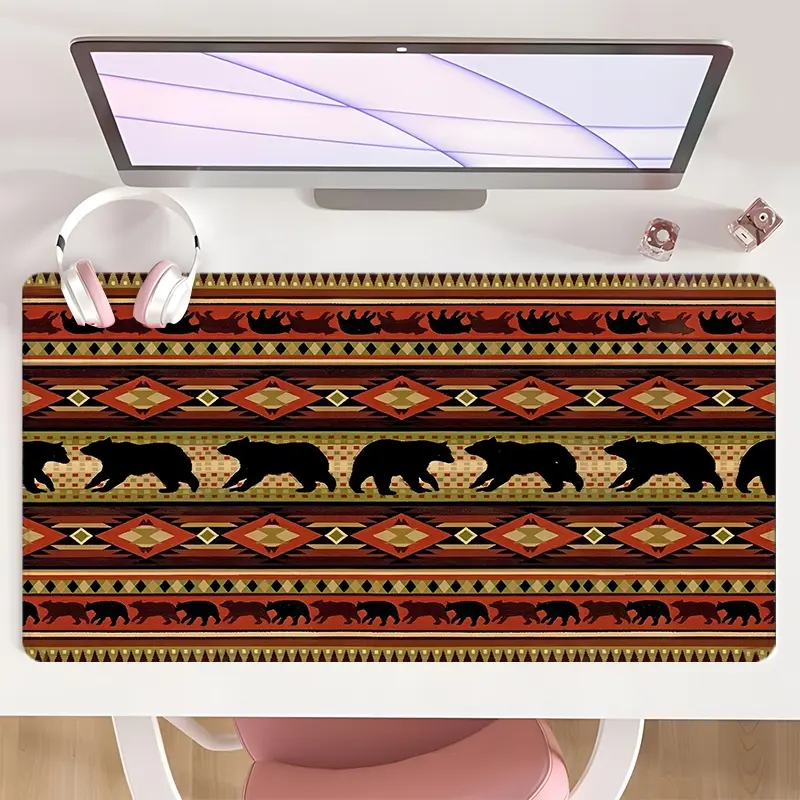 [Gaming Mouse Pad] Ultimate Tribal Bear Geometric Design Non-Slip MousePad For Desk With Rubber Base & Stitched Edge, Perfect For Home Office Use And Seasonal Gifts
