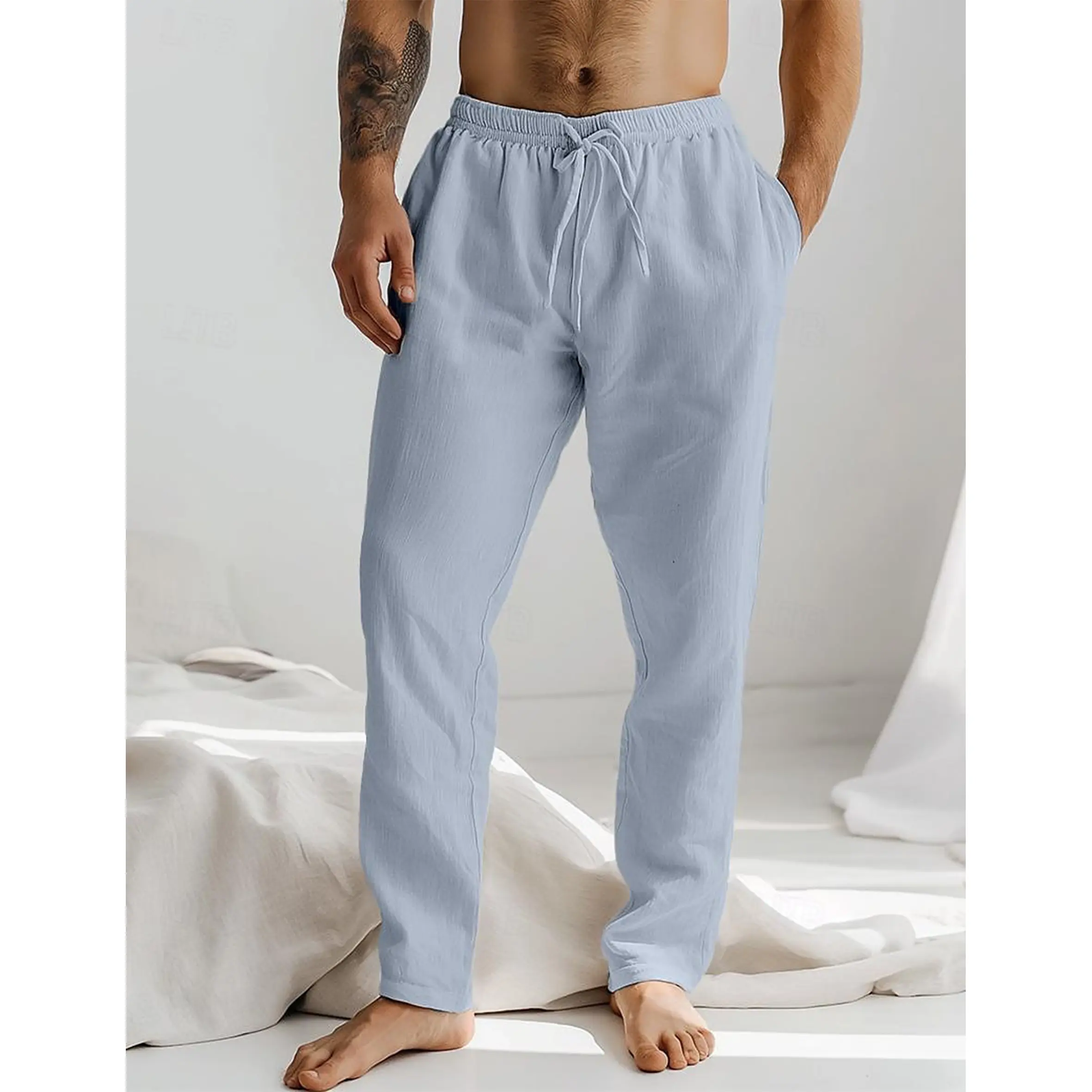 Men's Linen Pants Trousers Summer Pants Drawstring Elastic Waist Plain Comfort Soft Full Length Daily Beach Fashion Simple White Blue Micro-elastic