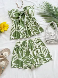 Women's 2-Piece Clothes Set Plant Print Top and Casual Shorts, Perfect for Daily Wear, Vacation, Holidays, Dates, Comfortable and Stylish