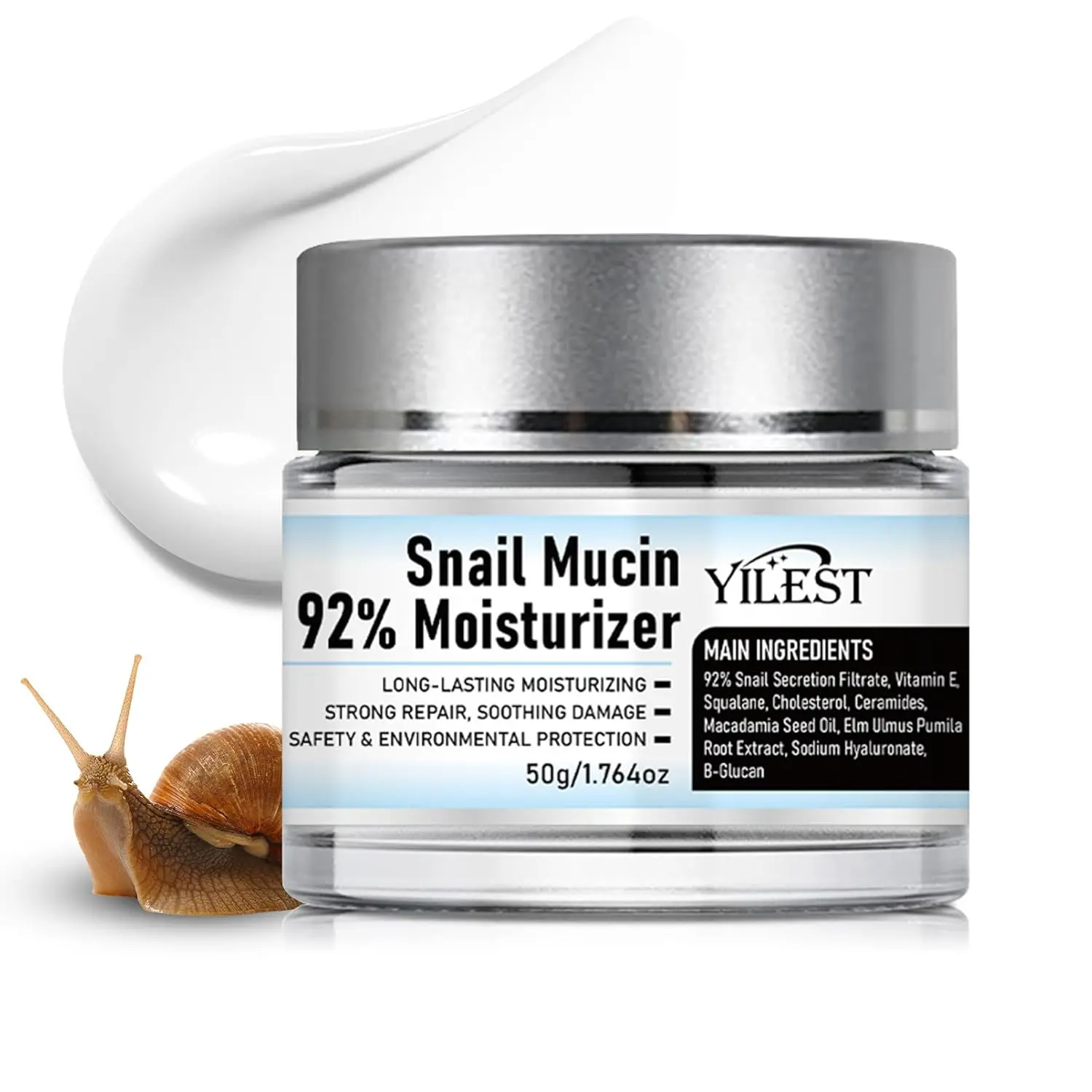 YILEST Snail Mucin 92% Face Moisturizer, Intensive Deep Moisturizing Repair Gel Cream, Lightweight, Gentle & Hypoallergenic for Dry, Sensitive & All Skin Types, 50g, Hydrating, Vegan, Redness, Moisturizers & Mists, Balances Oily And Dry, Face Repair, Anti