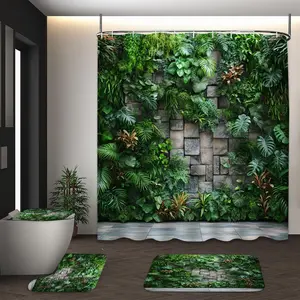 LVRLVR 4Pcs Tropical Green Plant Wall Stone Print Modern Minimalist Nature Multi-Color Bathroom Shower Curtain Set 70.8×70.8 Inch