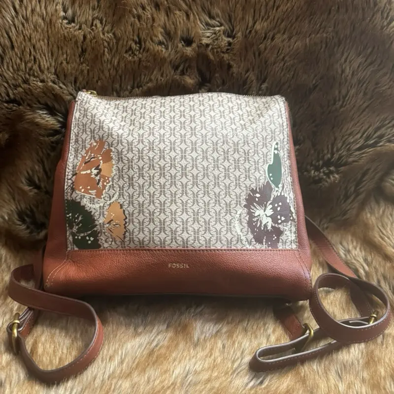 Fossil Convertible Backpack in Tan Floral Colorway Versatile Design for Backpack Crossbody or Shoulder Bag Use