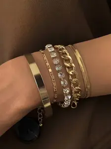 Geometric Rhinestone Multi-Layer Bracelet Set, Minimalist Vintage Snap Chain Jewelry, Perfect for Parties and Daily Wear, Rhinestone Bangle, Jewelry Accessories