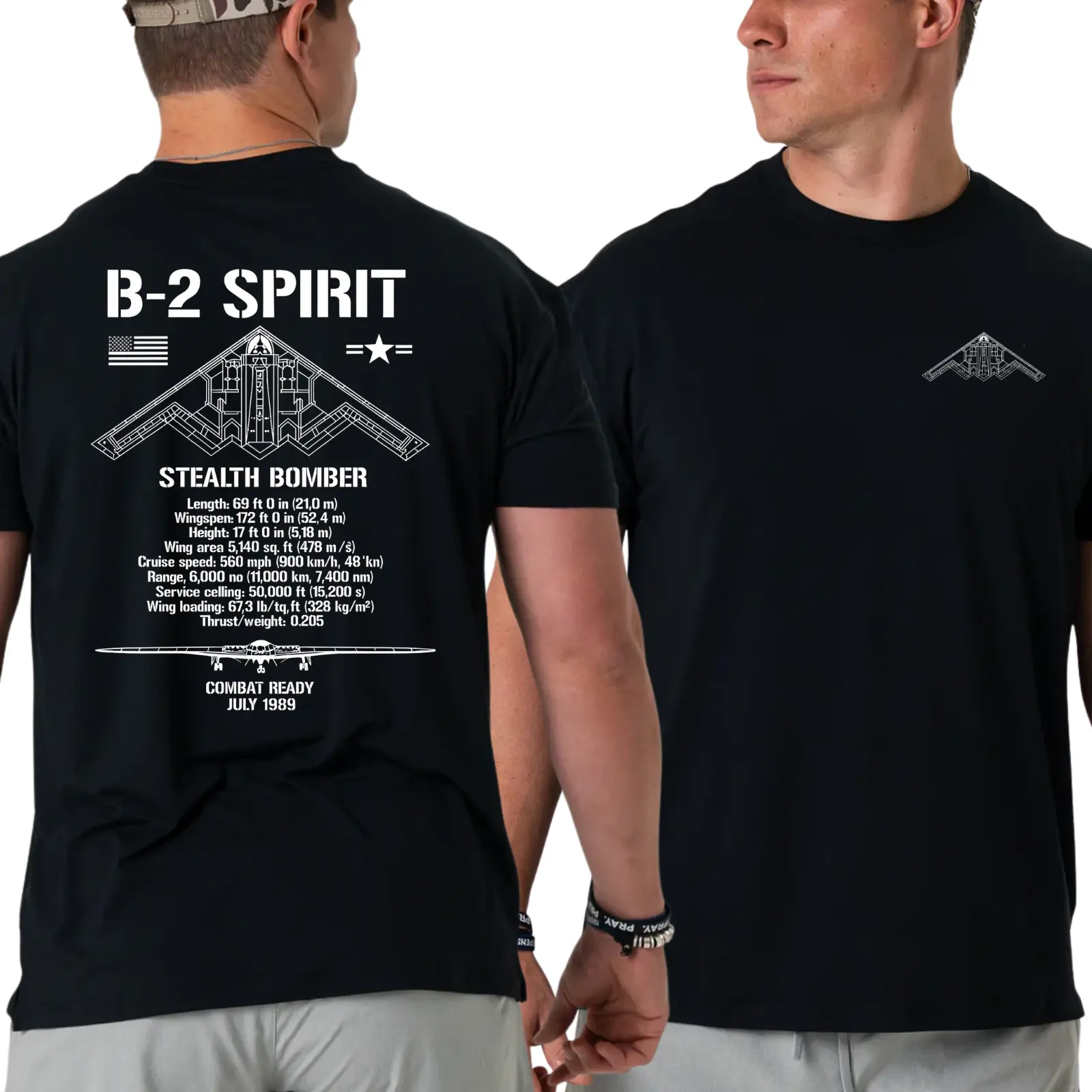 B-2 Spirit Bomber Graphic T-Shirt, Men's & Women's Casual Cotton Short Sleeve Top with 2-Sided U.S. Air Force Blueprint Design, Tshirt, Shortsleeve, Streetwear, Classic, Fabric