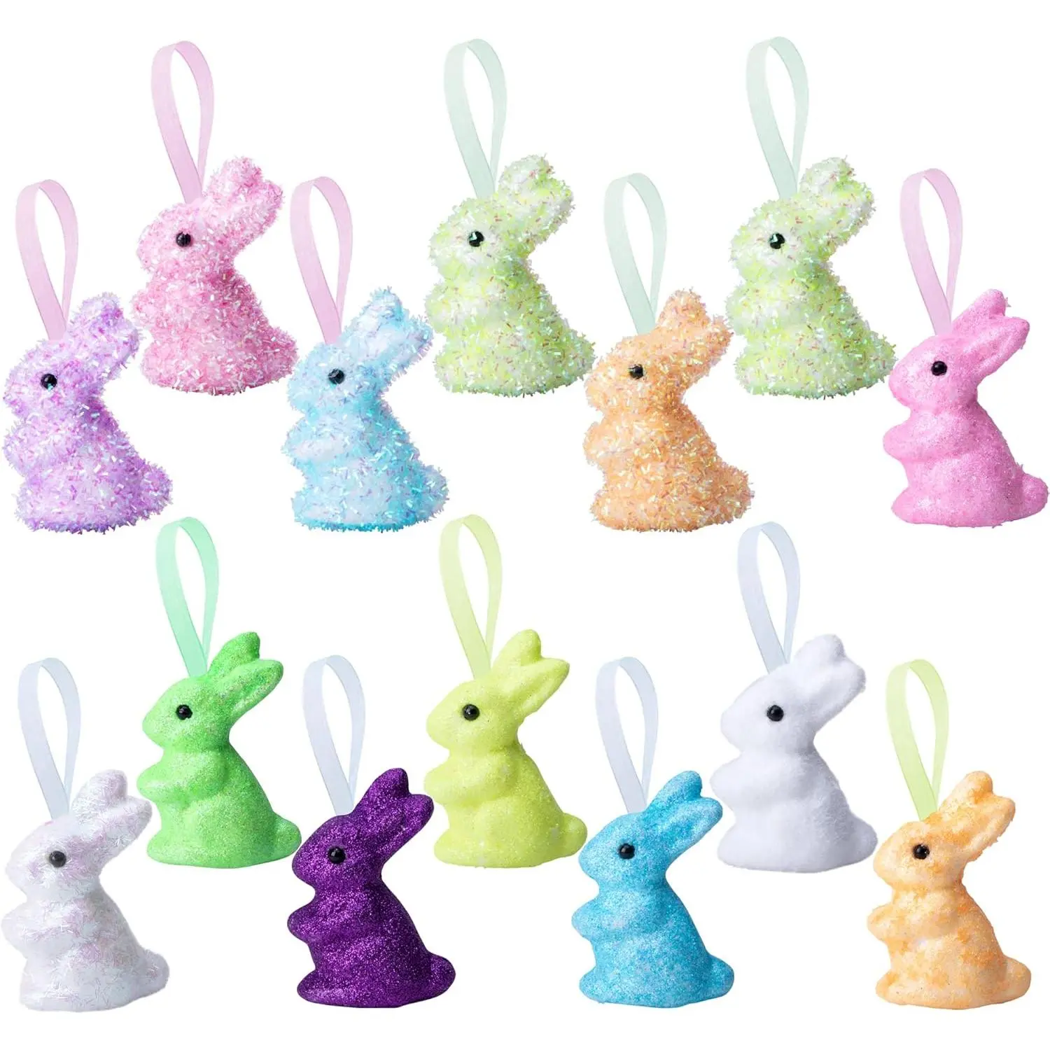 14 Pieces Easter Rabbit Ornaments,Glitter Bunny Decorations,Multicolored Hanging Ornament Craft Decor for Easter Party Supplies