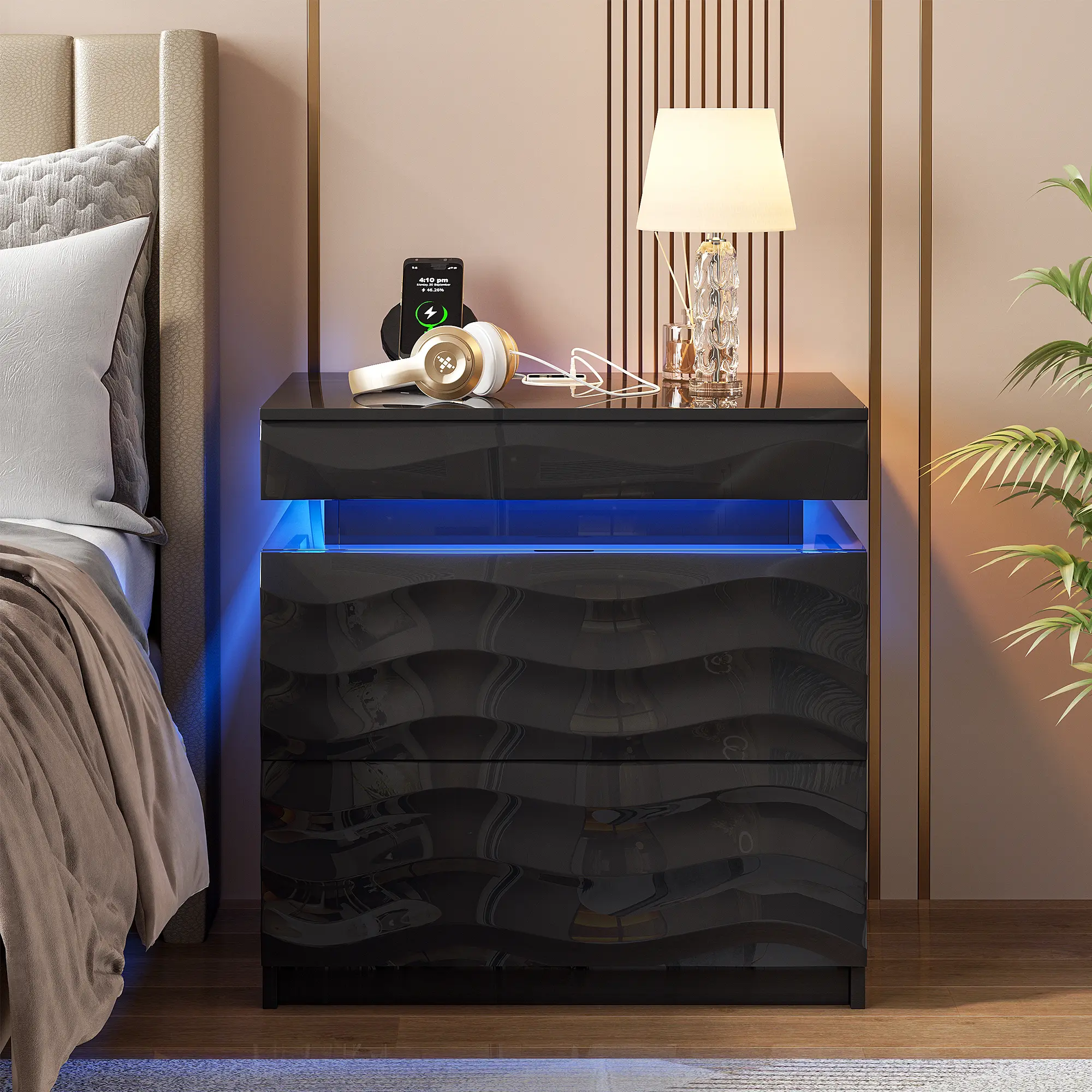 [Summer Sale] MIUvanity Large Nightstand with Wireless Charging Station, Auto Sensor 3 Color Dimmable Night Stand, Modern Bedside Table ,With Drawers for Bedroom, End Table, Bedside Table, Bedroom Furniture for Living Room,LED Nightstand,Oversize EndTable