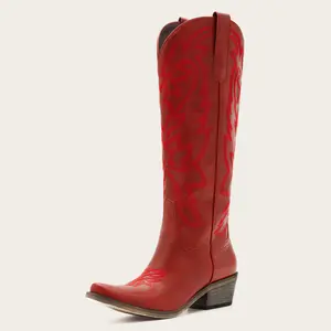 Vintage-Inspired Embroidered Cowgirl Boots for Women Red Vegan Leather with Intricate Floral & Abstract Embroidery Classic Pointed Toe Design for Casual & Dressy Occasions Western Boots
