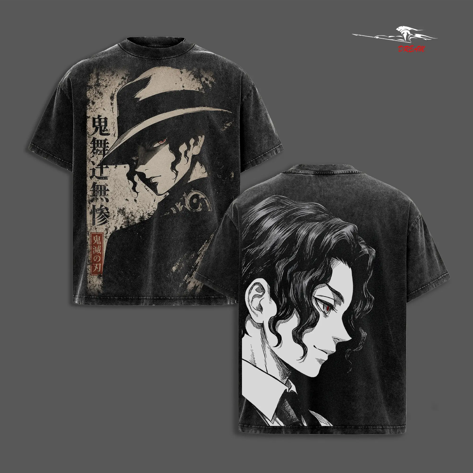Muzan Kibutsuji Demon Slayer Anime Double Printed Vintage Washed Tee Unisex Oversize Anime Manga Washed Heavyweight Cotton T-shirt