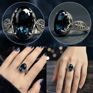 Women's Fashion Ring Inlaid with Morandi Blue Diamond New