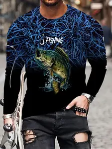 Men's Fishing Long Sleeve Shirt, & Blue with Bass Fish Print, Crew Neck, Polyester, Breathable, Ideal for Fishing & Outdoor Wear