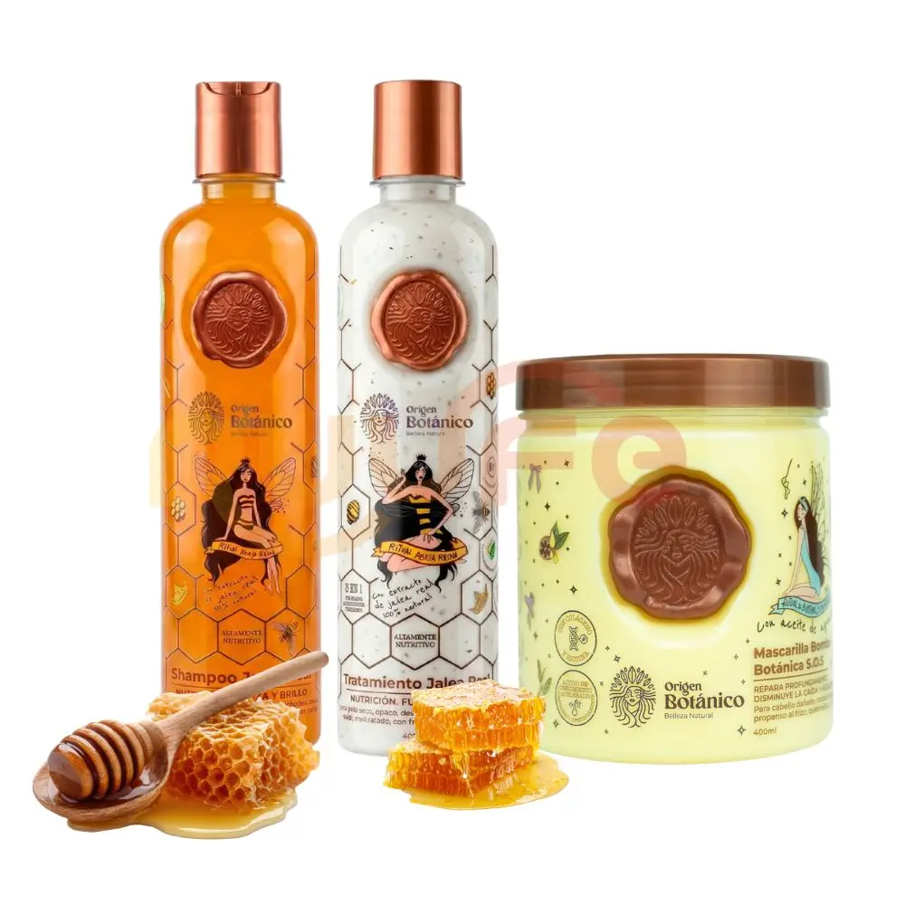 Origen Botanico Jelly Shampoo de Jalea real x 400 ml, Hair cream Tratamiento de Jalea Real de Origen Botanico x 400ml y Mascarilla de origen botanico x 400ml (3 Pack)