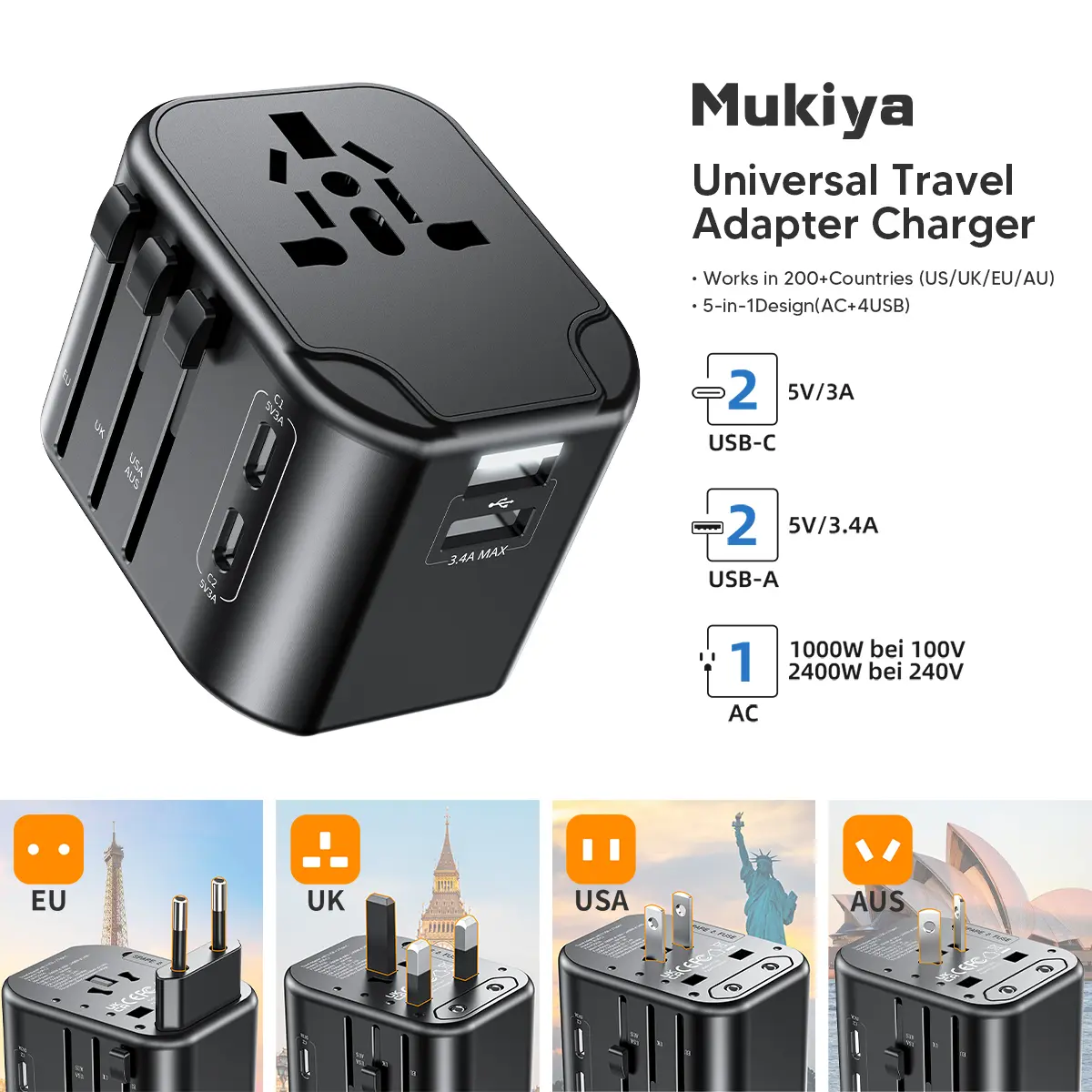 Mukiya Universal Travel Adapter with 2 USB-C & 2 USB-A Ports, Worldwide Plug Adapter for US, EU, UK & AUS
