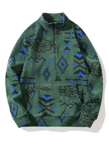 Men's autumn and winter semi-zipper stand-up collar fleece hoodie, with ethnic geometric totem prints, soft and skin-friendly, warm for daily outings. Retro color-blocking casual top, suitable for Christmas, New Year and boyfriend gifts