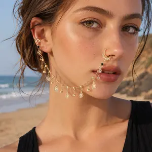 Gold Nose Ring Chain with Ear Cuff for Women | Non Piercing Bohemian Face Jewelry | Perfect Festival & Party Accessory