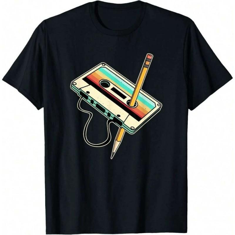 Retro Cassette Tape Pencil Vintage Graphic Cotton T-shirt, Casual All-match Short Sleeve Tee