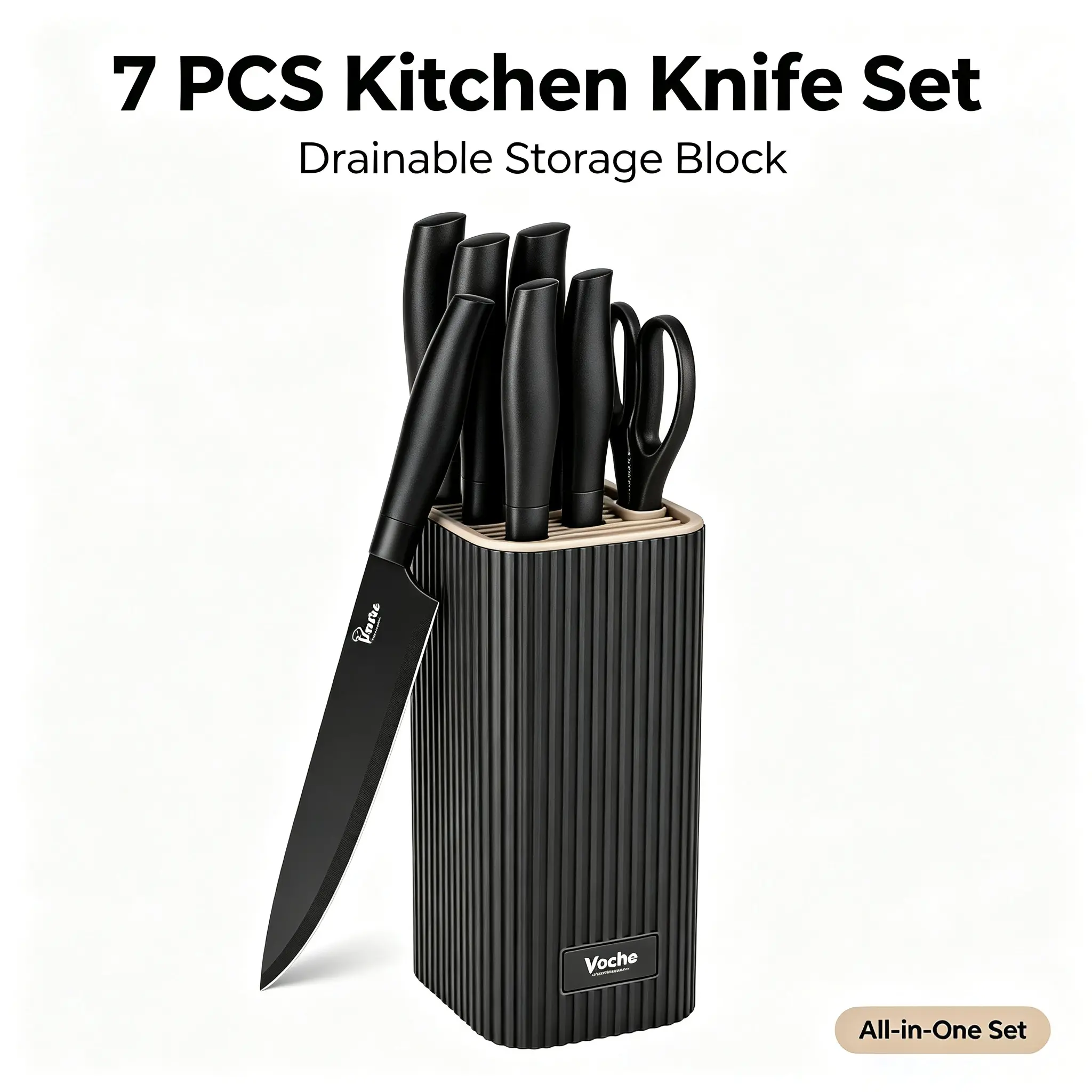 7PCS Knives Kitchen Set with Drain Knife Block, Rust-Proof Stainless Steel Cutlery Set, Space-Saving & Safe for Home Cooking, Apartment, Thick, Kitchenware, Ergonomic