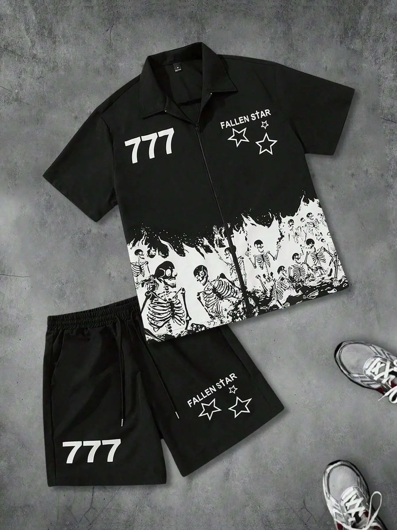 Summer Men's Streetwear Skull Flame Print Short Sleeve Shirt and Shorts Set, Clothing, Casual Loose Fit, Breathable Zip-Up Top + Drawstring Shorts, Menswear, Clothes