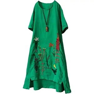 Mordenmiss Women's Embroidered Linen Dress Plus Size Summer Tshirt A-Line Sundress Hi Low Tunic Party Vacation Clothing