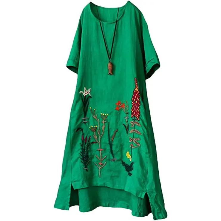 Mordenmiss Women's Embroidered Linen Dress Plus Size Summer Tshirt A-Line  Sundress Hi Low Tunic Party Vacation Clothing - TikTok Shop