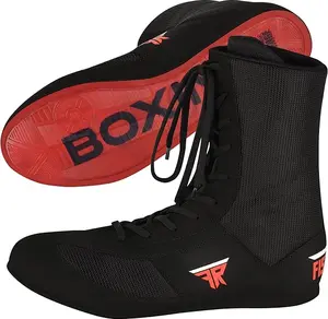 Boxx Boxing High-Top Leather Pro Wrestling Shoes for Men & Youth Genuine Leather Mesh Unisex Lightweight Non-Slip Sole Black Combat Sports Master Training