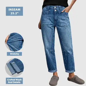 Flamingals Wash Patch Pocket Dual Button Mid Rise Barrel Leg Jeans 25.2" Inseam