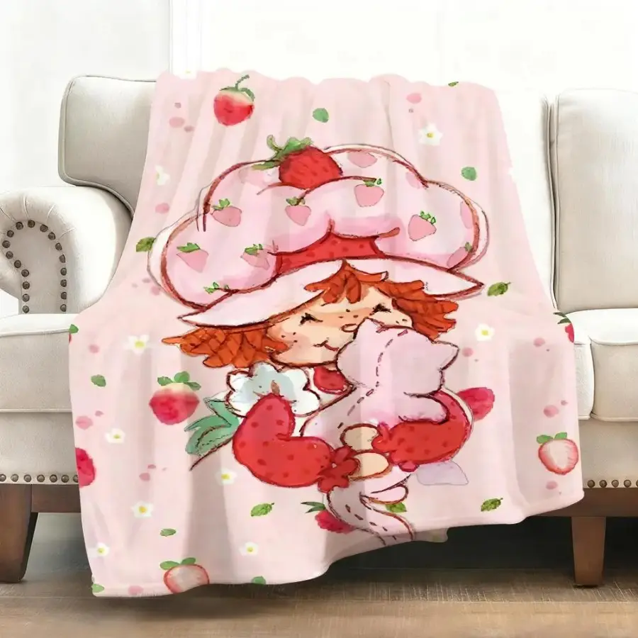 Cartoon Printed Strawberry Shortcake Flannel Cozy Throw Blanket - 60*80in (Max Size), Wrinkle Resistant, Soft, Warm, Skin-Friendly, All Seasons Decorative Sofa Blanket, Oversized for Sharing, Ideal for Winter Use, Kid Fan Gift, Cozy Throw Blankets