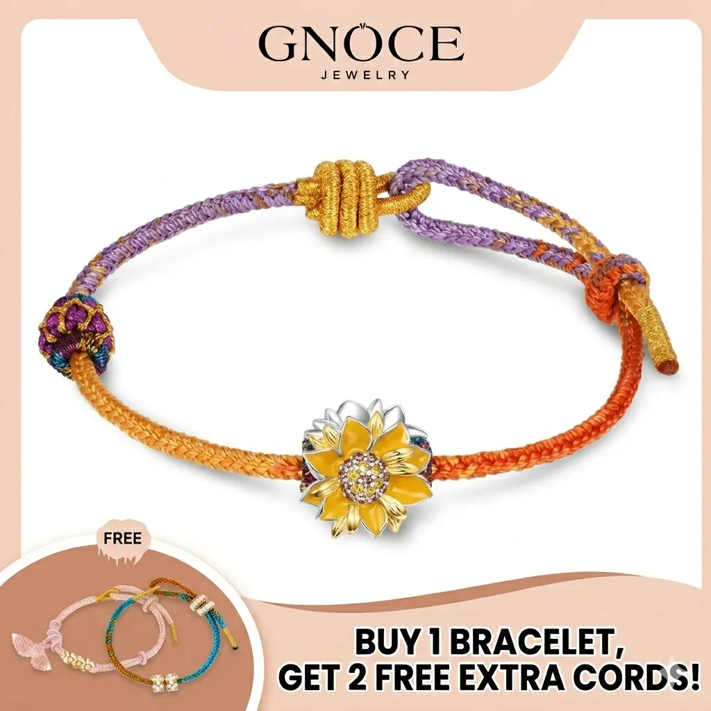 Customize Your Luck  Gnoce Sunflower Charm Red Bracelet + 2 FREE Color Cords! 925 Silver Handmade Jewelry Bundle