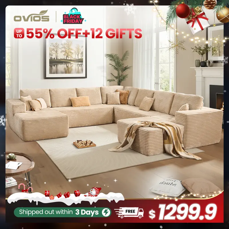 【5 Packages Shipping】Ovios 136" Sectional Cloud Couch for Living Room, Modular Floor Sofa with Plush Corduroy, No Assembly Required, Big Comfy Couches Set with Fluffy Memory Foam, Stupendous U Shaped Sofas with Chaise