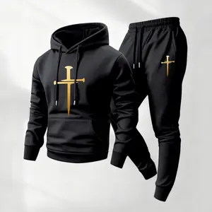 Men's Golden Cross Print Hoodie and Drawstring Sweatpants Set, Menswear, Casual Athletic Long Sleeve Hooded Jacket & Trousers for Fall & Winter, Men's Clothing for Daily Wear, Sportswear Indoor Outdoor, Tracksuit, Athleisure Summer Clothes