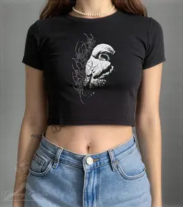 Gothic Dark Owl Baby Tee, Cybersigilism Gothic Crop Top for Women, Emo Alt Girl Fitted Shirt, Grunge Horror Dark Art Top, Edgy Gift For Her