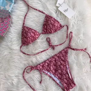 Women’s Pink Monogram Bikini Set Sexy Triangle String Swimsuit Tie Side 2 Piece Swimwear Beach Pool Party Summer Outfit