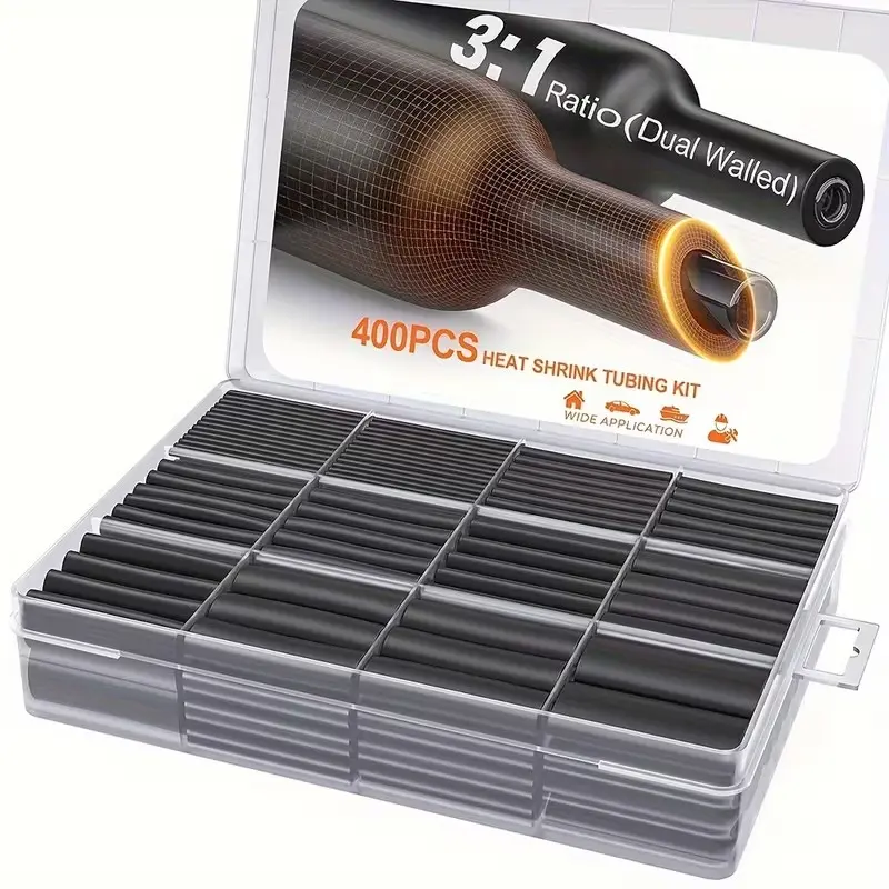3:1 Ratio Heat Shrink Tubing Kit Dual Wall Tubing Tight Seal Insulation Black Adhesive Lined Wire Shrink Wrap Tube Industrial Wire Connector Cable Sleeves Protecter 400 Pcs