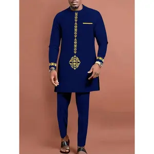 2pcs/Set Men's Blue Dashiki, Long Sleeve Round Neck, Golden Printed, Front Slit Hem, Elastic Waist Pants, Men's Casual Shirt And Pants 2 Pieces Set, New Style For All Seasons, Streetwear, Party, Date, Wedding, Cultural Events, Traditional Ceremonies