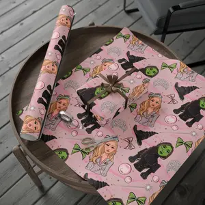 Wicked Wrapping Paper Christmas Birthday Gift Wrap Glinda Elphaba Witches Of Oz Pastel Pink Bows Tiara Bubbles Magic Wand