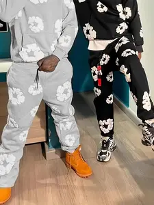 Men's Floral Hoodie Set, Fall & Winter Casual Fitted Drawstring Sweatshirt and Pants, Warm Comfortable for Daily Wear