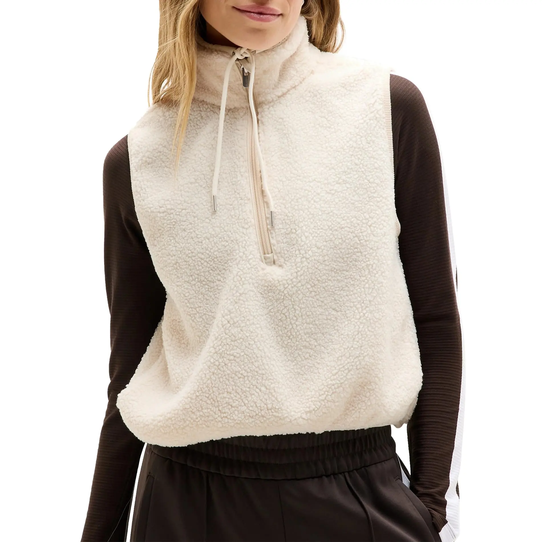 Hixiaohe Women's Cute Soft Fuzzy Fleece Vest - High Neck, Cropped, Half-Zip, Adjustable Drawstring, Warm Sherpa Garment with Pockets for Flattering Fit, Lady, Tops, Casual, Oversized, Plain