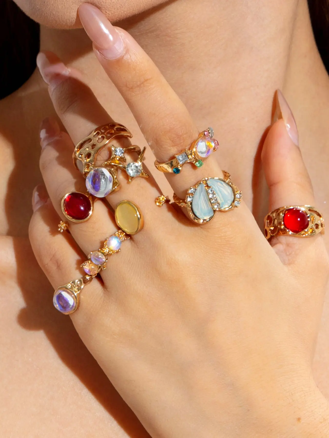 9pcs/set Vintage Gemstone Ring Set, Sparkling Zircon Inlay, High-End Open Court Style Rings, Retro Jewelry for Women, Unique Gift Idea, Jewelry Gifts, Stackable Rings, Adjustable Rings, Statement Rings