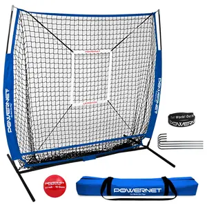 PowerNet Baseball Net Bundle 5x5 Hitting & Pitching Net Portable Softball Baseball Training Equipment Weighted Baseball & Carry Bag (Royal Blue Net)