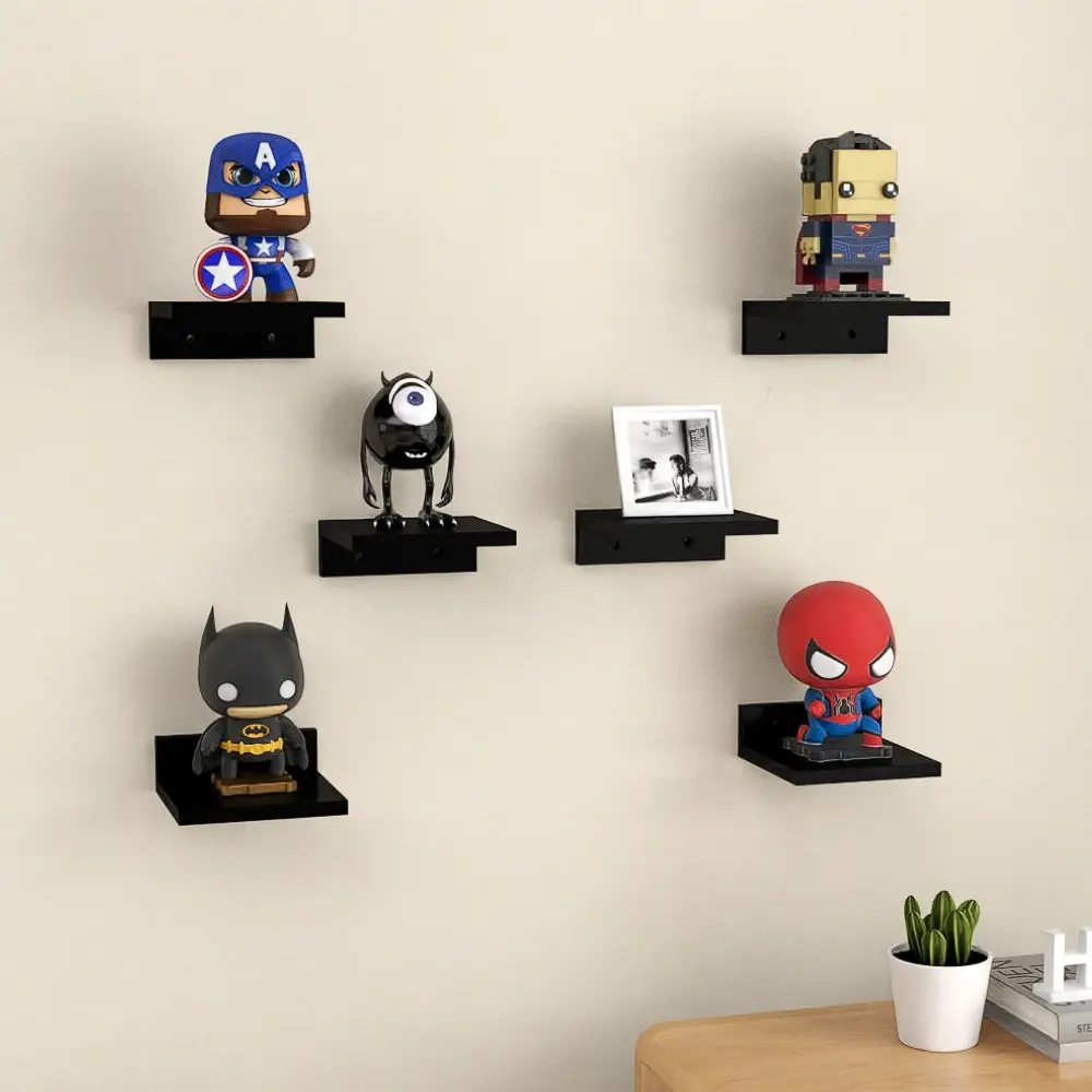 Black Metal Wall Mount Hanging Floating Shelves - 6-Piece 4 In 1-Layer Mini Display Racks, Home Decor for Small Items & Mini Model Storage in Bedroom