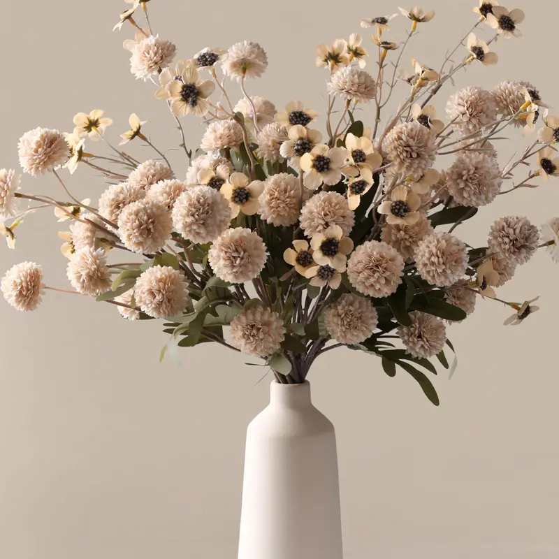 Ivydale 8-Piece Beige Wax-Coated Kiku Faux Silk Pompon Mum Artificial Flower Set - Plastic Chrysanthemum Stems with Realistic Design, for Chic Home Decor, Indoor Decor, Decoration & Gifting (Vase Not Included, Faux Plant Artificial Flowers)