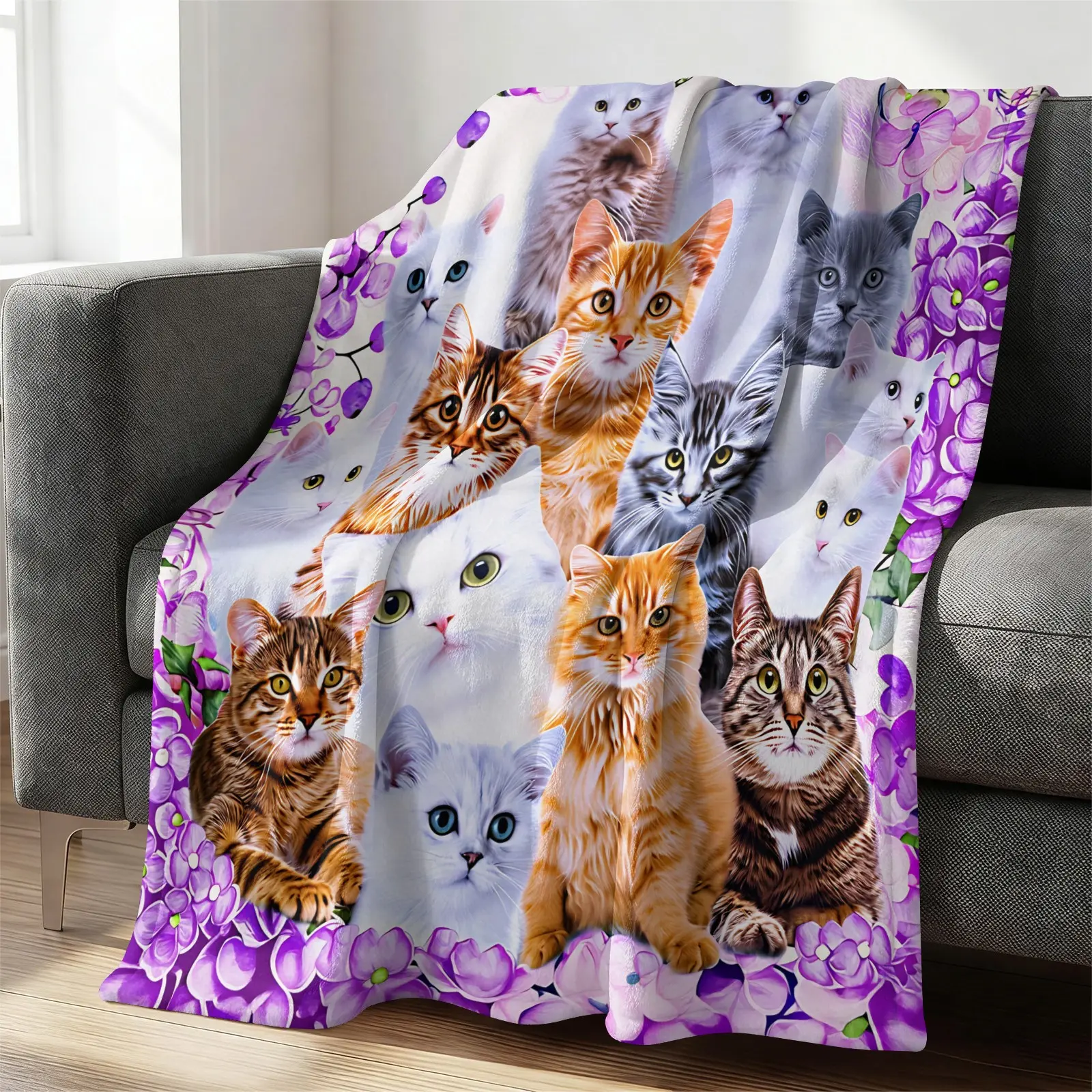 Compact Foldable Flannel Blanket with Hanging Loop, Lightweight Carry for Travel, Cute Cat Print Decor for Couch, Bed & Car Seat, Keep Warm Anywhere
