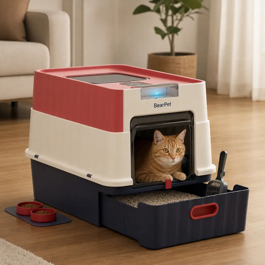 Color-block vertical stripe, fully enclosed drawer cat litter box with top window and dual front entry doors, UV odor-eliminating lights, large splash guard for home cats, includes a litter scoop