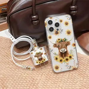5 Piece Set Transparent Sunflower and Cow Phone Case, Charger Head Cover, Cable Protector, Storage Rope, Anti-Drop Tpu Case for iPhone