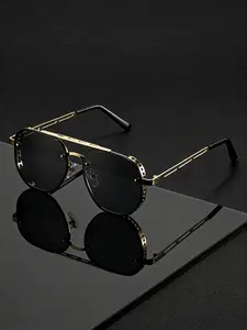 New Men's Classic Cool Casual Pilot Frame Copper Material Geometric Temple Hollow Design Fashion Glasses, Decorative Lenses, Ideal for Versatile Use, Daily Outdoor Activities, Travel, Street Photography