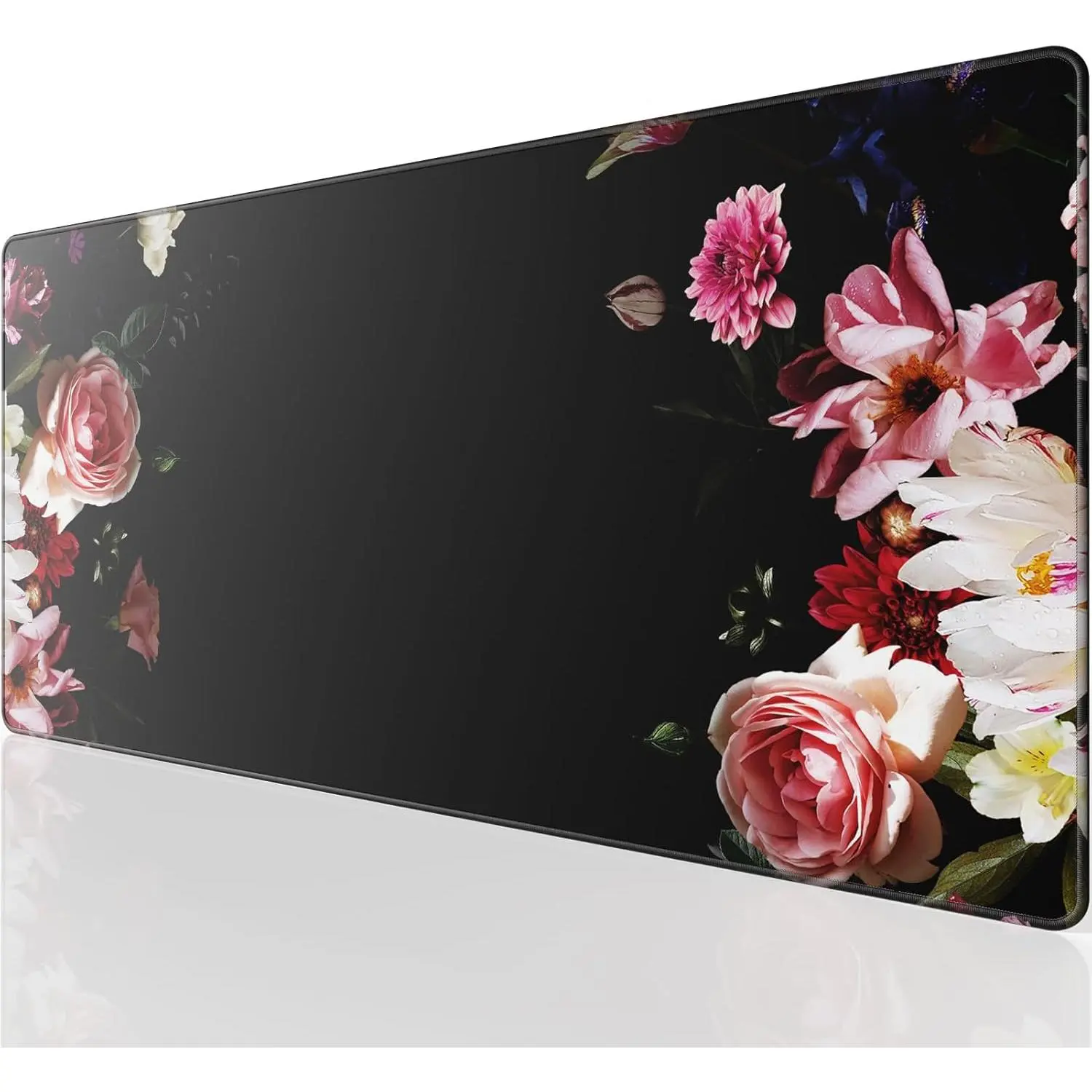 Large Gaming  Pad with Superior -Weave Cloth,Extended Mousepad with Stitched Edges, Non-Slip Base, Water Resist Keyboard Pad for Gamer, Office & Home, Black Flower
