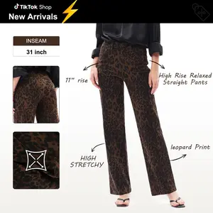 High-Mid Rise Relaxed Straight High Stretchy Pants Leopard Print Design Comfortable Fabric Womeswear Bottoms Pants