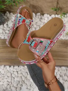 Retro Ethnic Chunky Sole Slippers, Heavy-duty Rhinestone & Turquoise Outdoor Slides